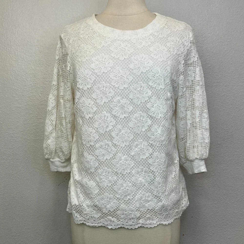 Athropologie Eri + Ali Ivory Lace Top Cotton Blend Top Blouse Puff Sleeve Sz S
